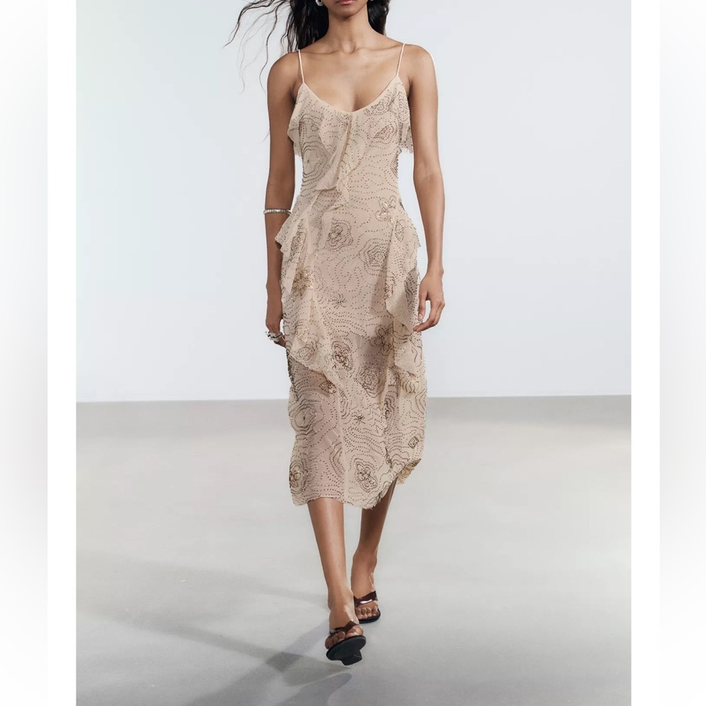 Zara Beige Beaded Sequin Midi Dress